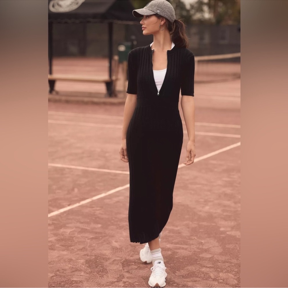 Varley Malia Knit Short Sleeve Midi Dress in Black